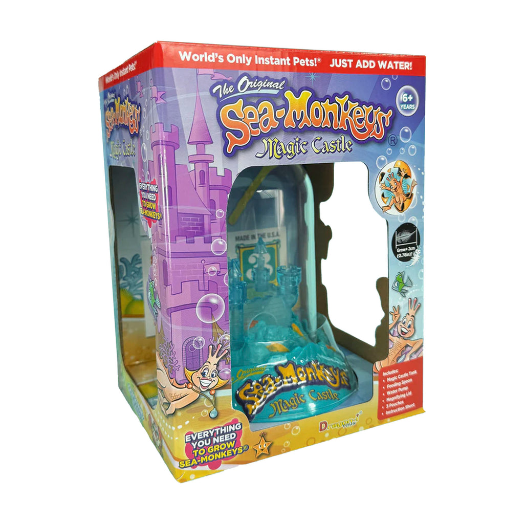 A box sitting at an angle with openings to the magic castle aquarium inside. The product name and information is visible on the package.
