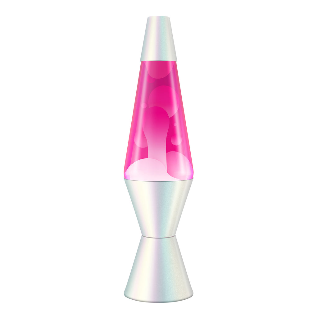 A Lava Lamp with a painted opalescent pearl base and cap, featuring pink liquid inside. The white globs are floating and forming various shapes within the transparent glass container.