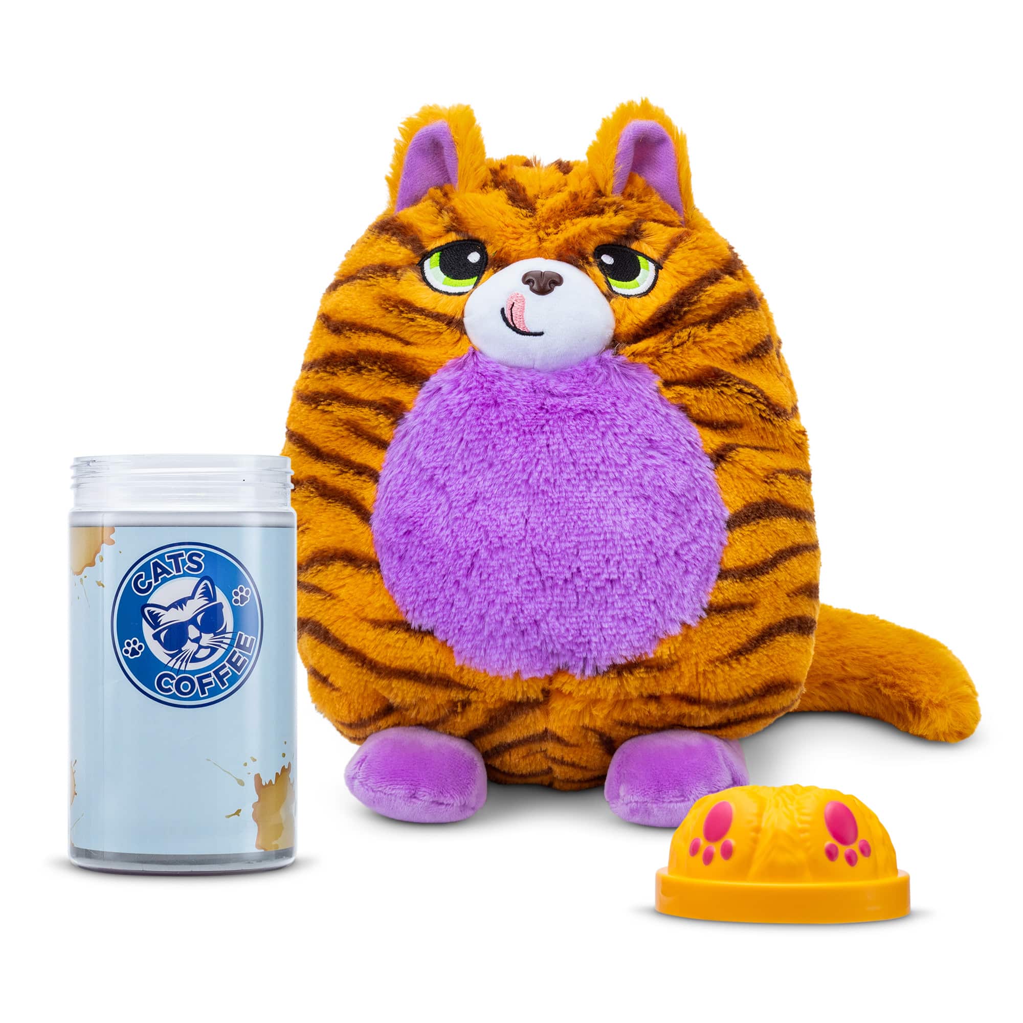Misfittens Orange Plush Cat with Cats and Coffee Packaging with the lid off