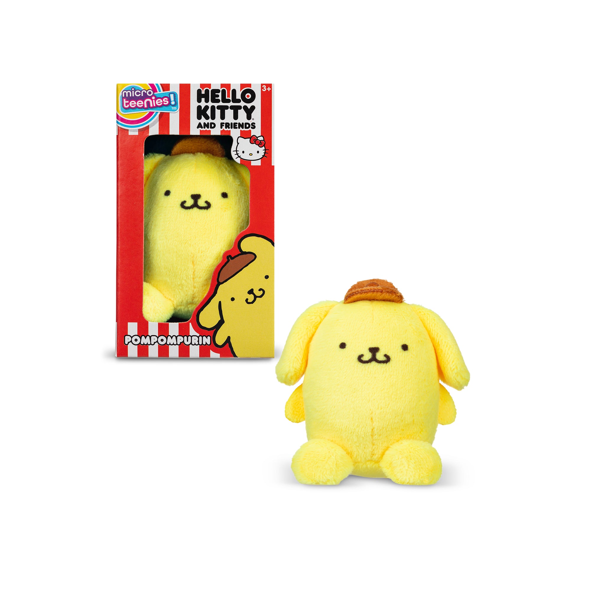 A plush toy of the Sanrio character Pompompurin, which is a yellow dog wearing a brown beret, is pictured outside and within its box. The box, featuring red and white stripes and the "Micro Teenies Hello Kitty and Friends" branding, displays the toy through a clear window.