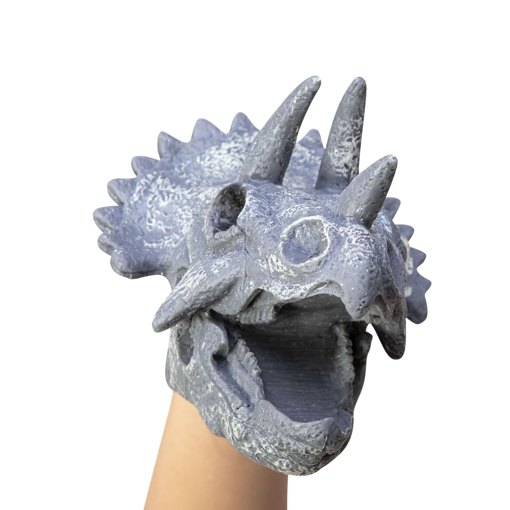 Dino Skull Hand Puppet - Triceratops 3Q Right on Hand Angle