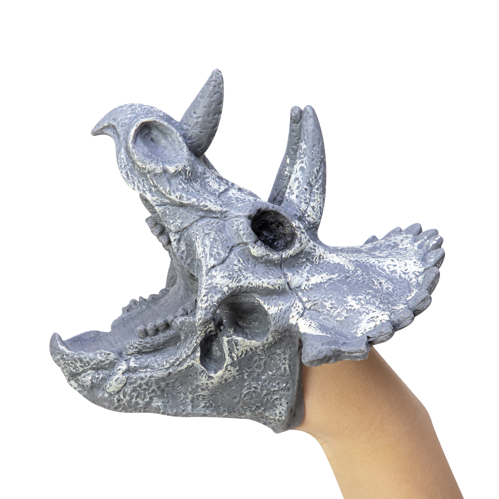 Dino Skull Hand Puppet - Triceratops Left Profile on Hand Open Extreme