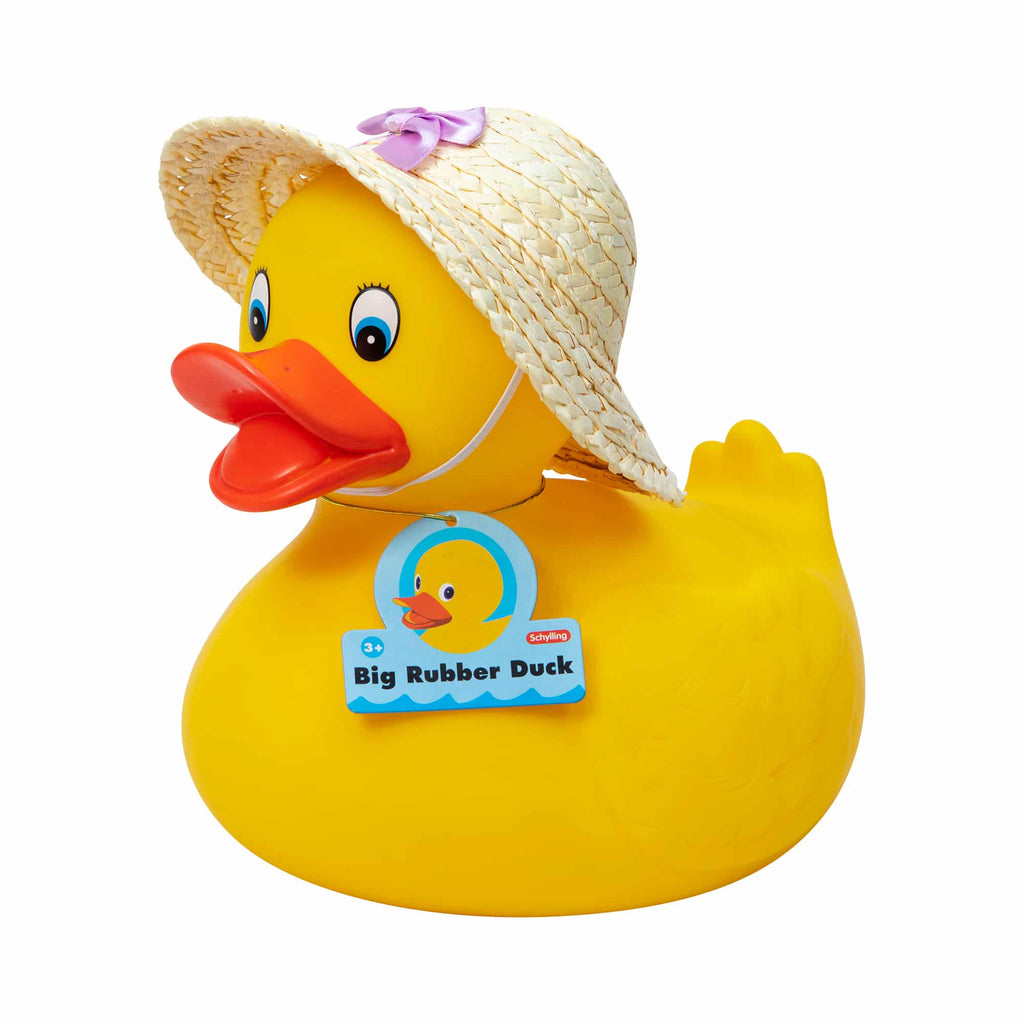 Schylling Big Rubber Duck with straw hat with purple bow