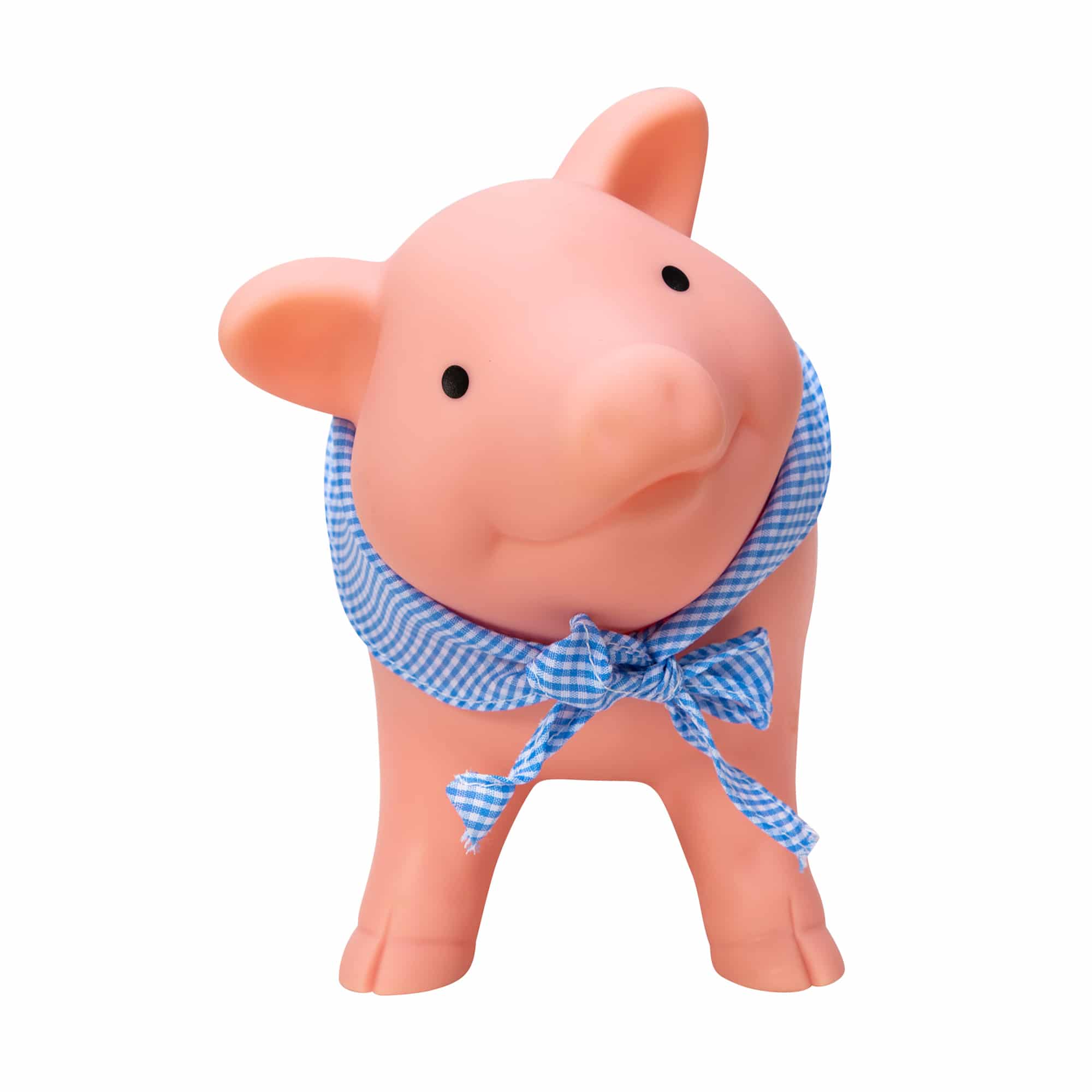 Rubber Piggy Bank with blue gingham bandanna - Front