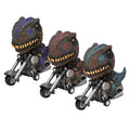 three dinosaurs on motorcycles