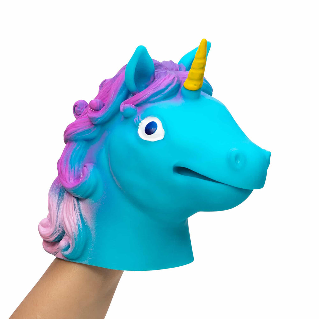 Unicorn Hand Puppet on hand blue